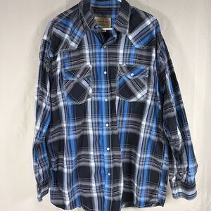 Cowboy Legend Men's 2XL Blue Black Plaid Pearl Snap Western Shirt Long Sleeve